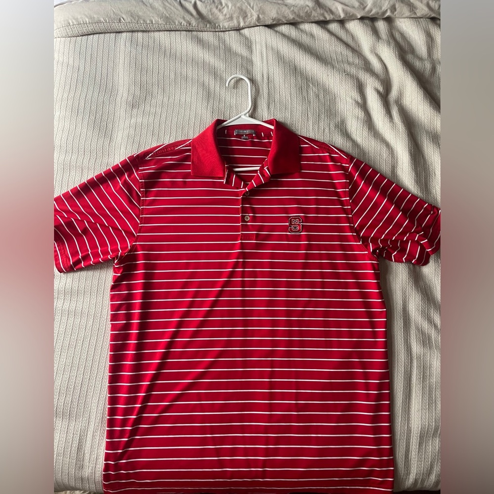 Peter Millar Red and White Striped NC STATE Polo Shirt
